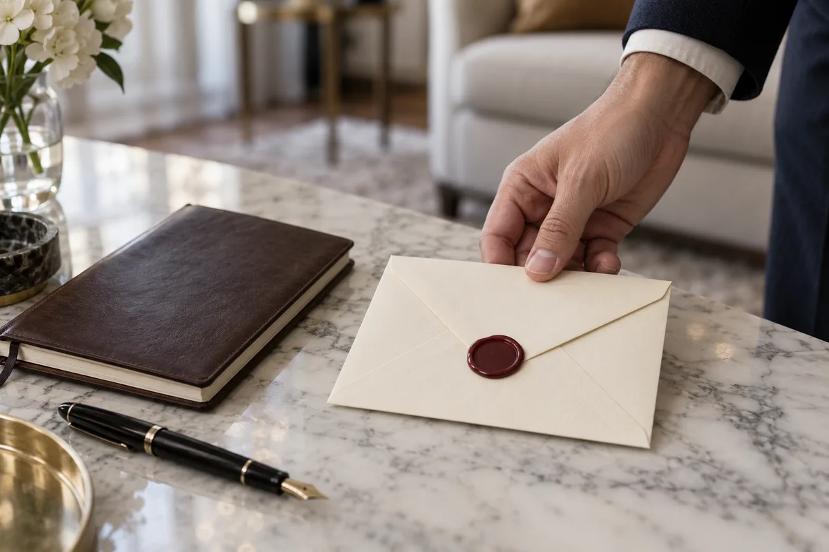 Main posant une enveloppe scellée à la cire près d’un carnet fermé sur une table en marbre