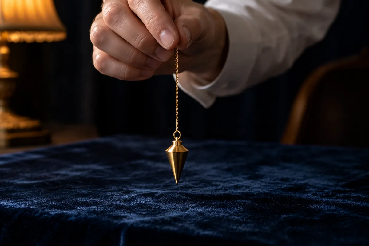 Main tenant un pendule en laiton poli suspendu à une chaînette au-dessus d’une nappe sombre