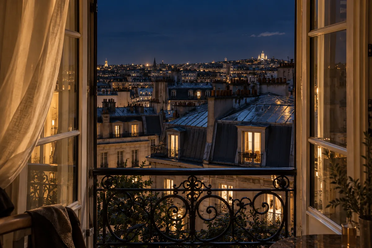 Toits de Paris en zinc et cheminées vus de nuit depuis la fenêtre ouverte d’un appartement