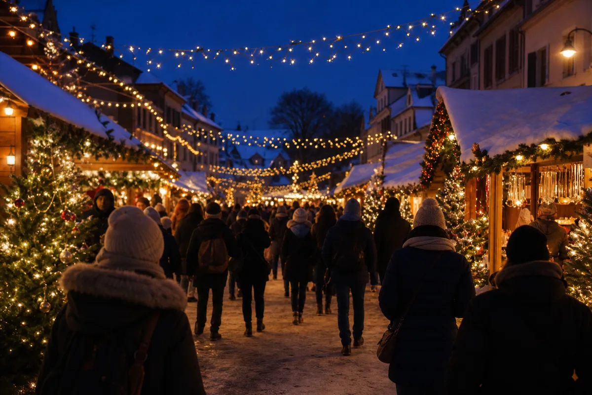 Chalets illuminés d&rsquo;un marché de Noël en soirée dans une rue enneigée