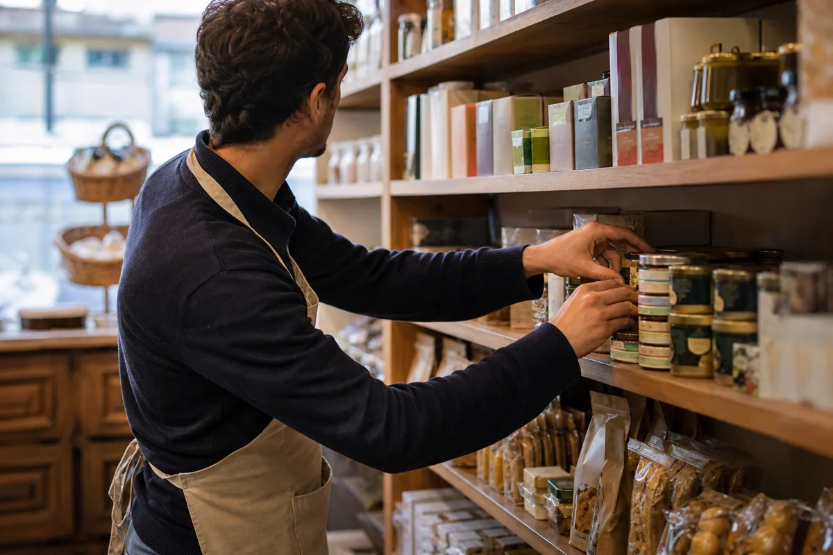 Vendeur réassortissant les rayons d&rsquo;un commerce de proximité