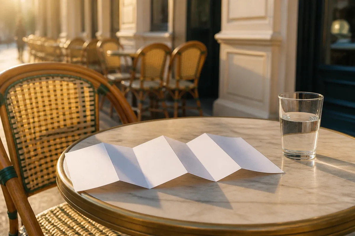 Plan de ville replié posé sur une table de café en terrasse au soleil du matin