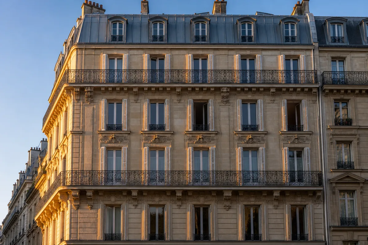 Façade haussmannienne aux volets ouverts éclairée par la lumière rasante du petit matin