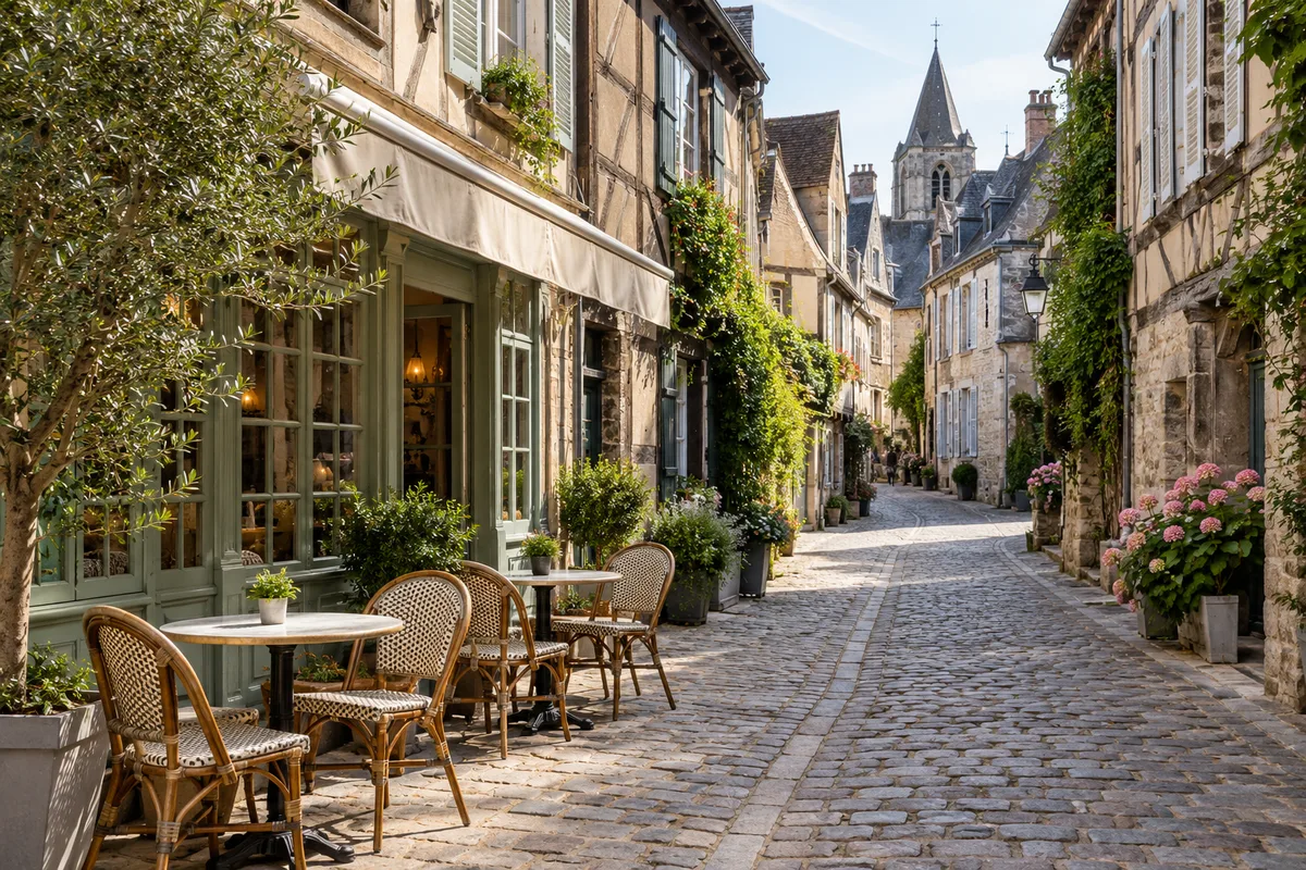 Rue pavée bordée de maisons à colombages avec une terrasse de café vide en fin de matinée