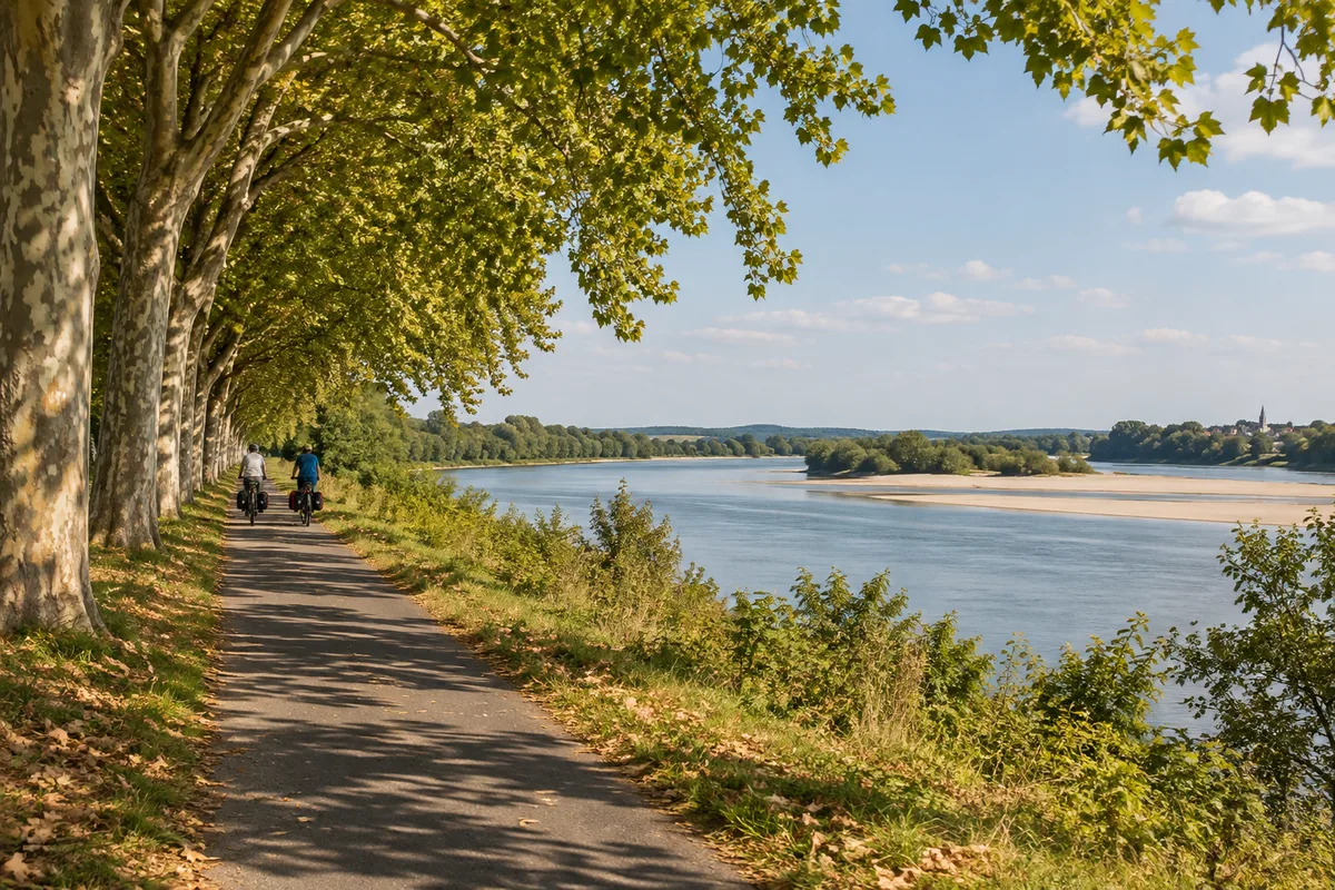 Piste cyclable en bord de Loire sous des platanes avec deux cyclistes de dos au loin