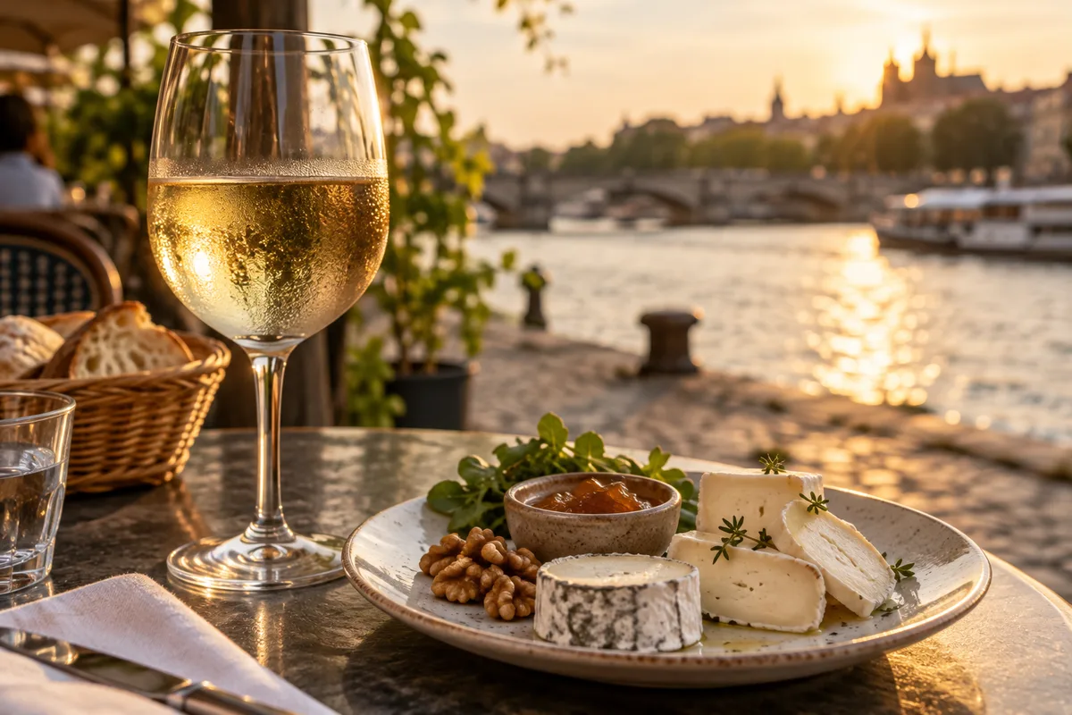 Table en terrasse au bord d&rsquo;un quai avec un verre de vin blanc et une assiette de fromage