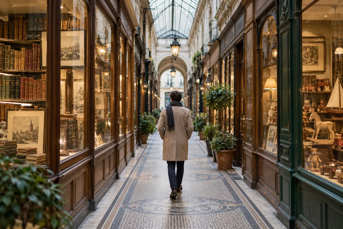 Promeneur vu de dos dans une galerie aux devantures en bois patiné
