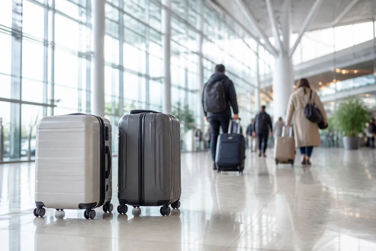 Hall des arrivées d’un aéroport parisien avec valises et lumière du matin