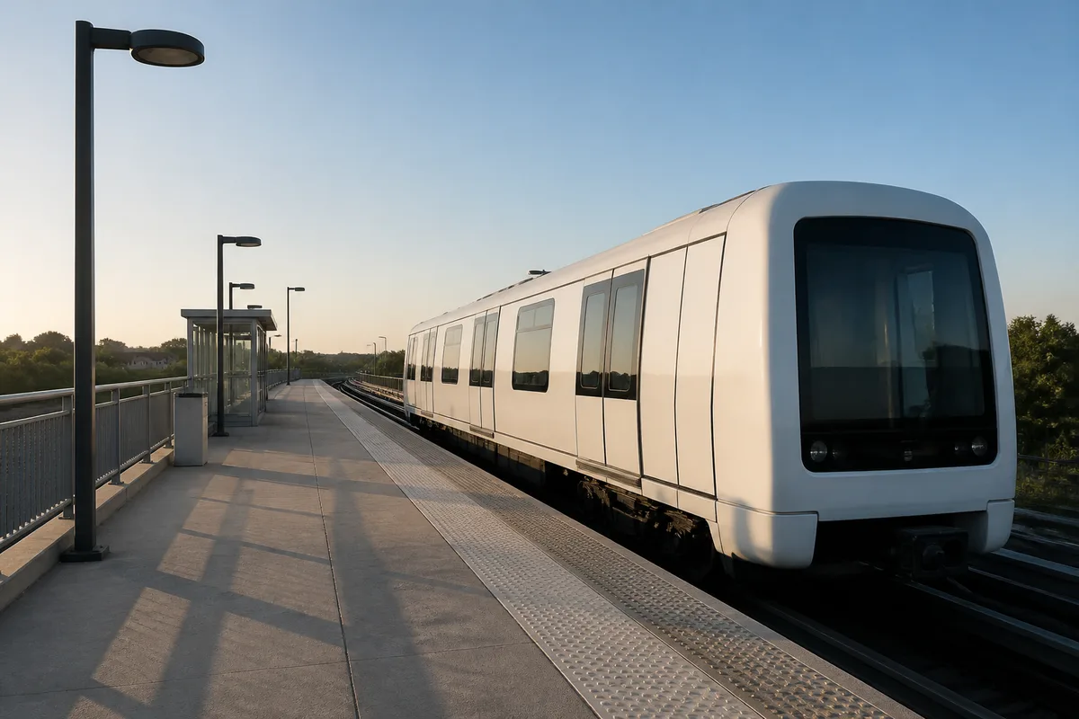 Rame automatique légère à quai sur une ligne d’accès aéroportuaire, lumière rasante