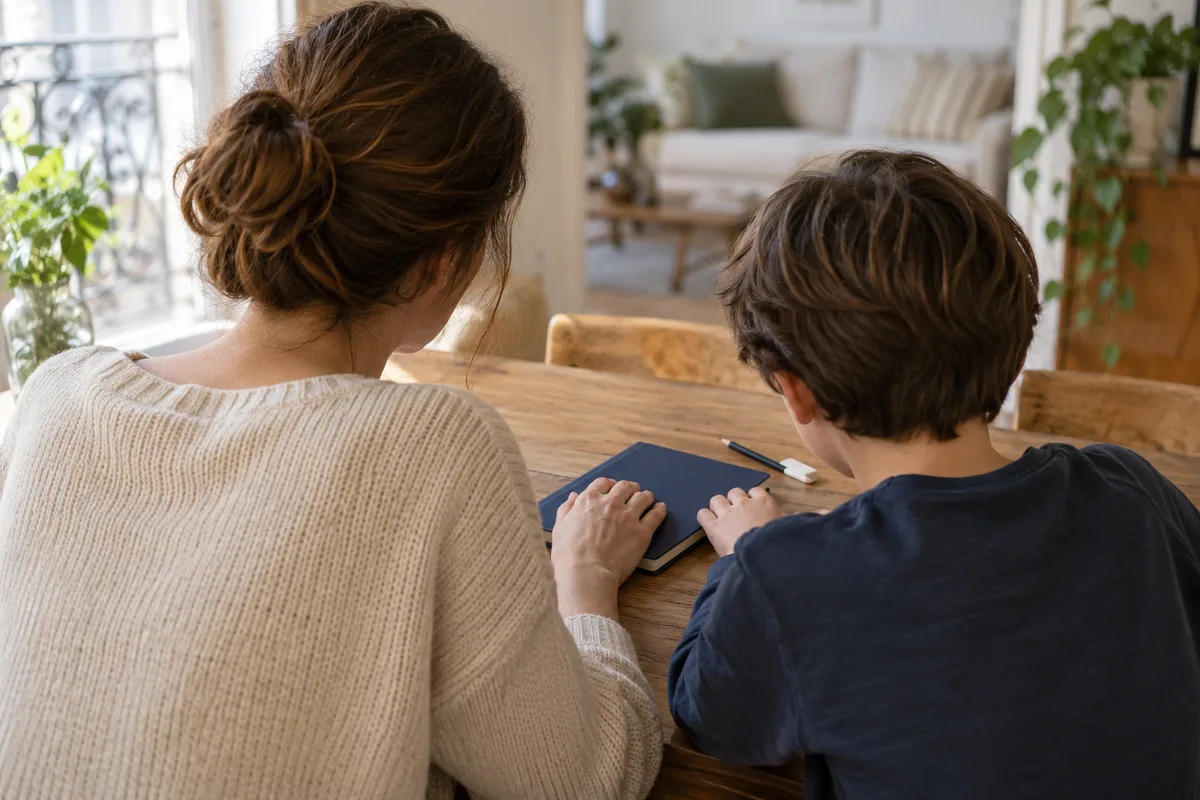 Adulte et enfant de dos, mains posées sur un cahier fermé