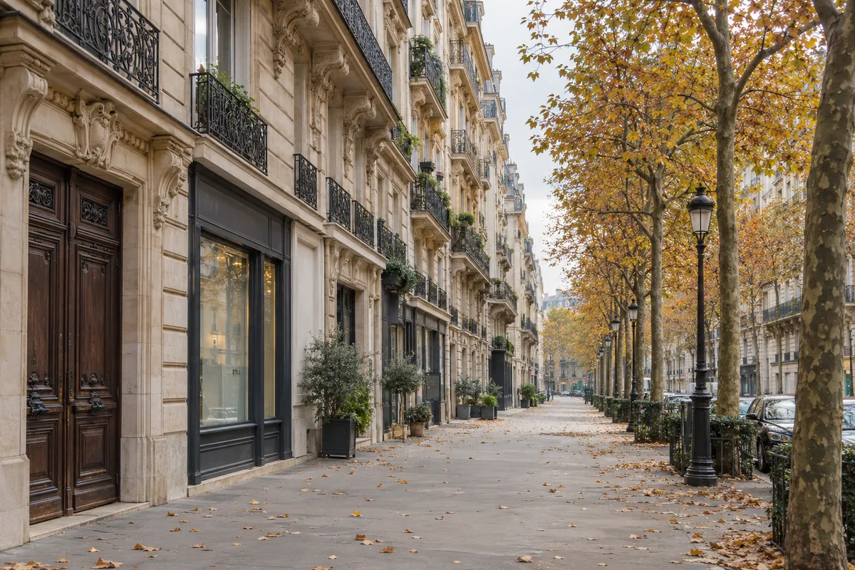 Rue parisienne bordée d&rsquo;immeubles en pierre et d&rsquo;arbres en automne