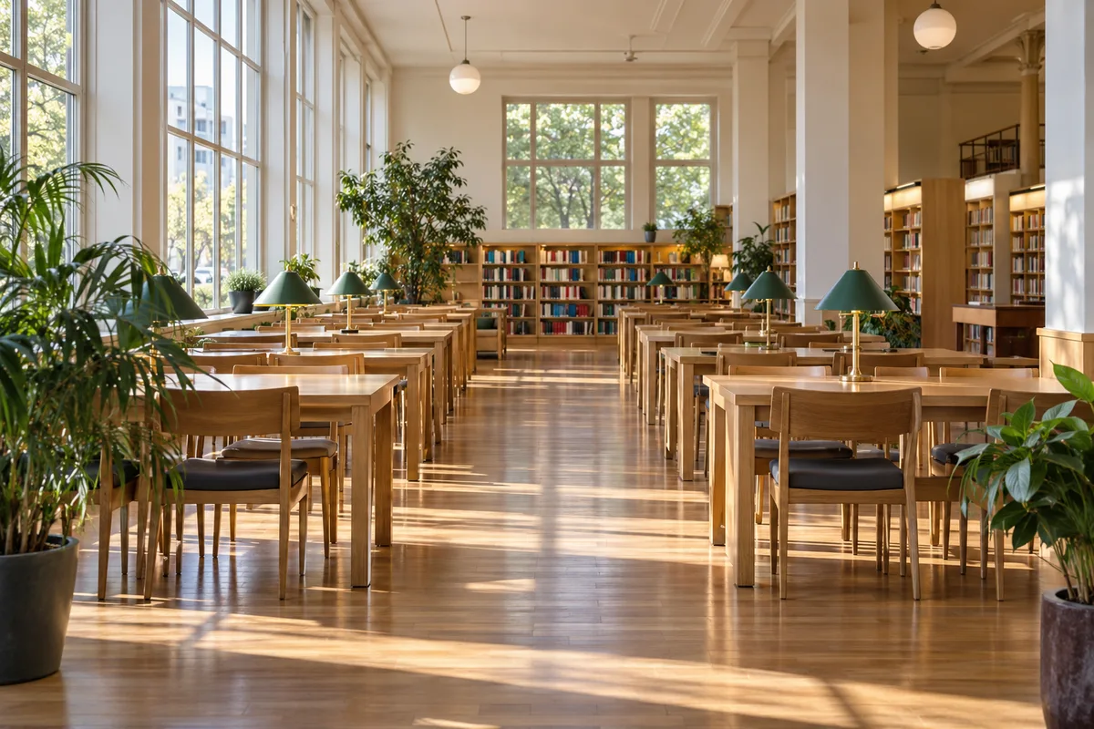 Salle de lecture lumineuse aux grandes tables en bois inoccupées