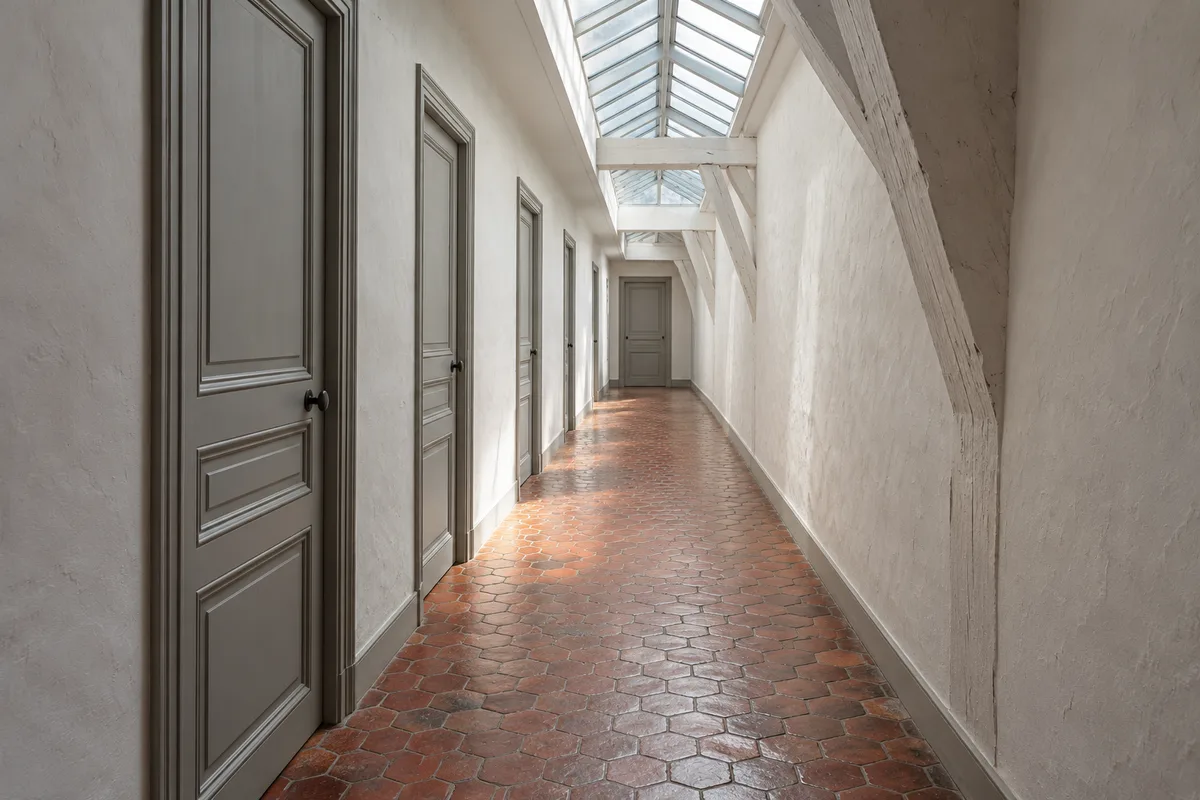 Couloir de chambres de service sous les toits, tomettes au sol et portes en bois fermées
