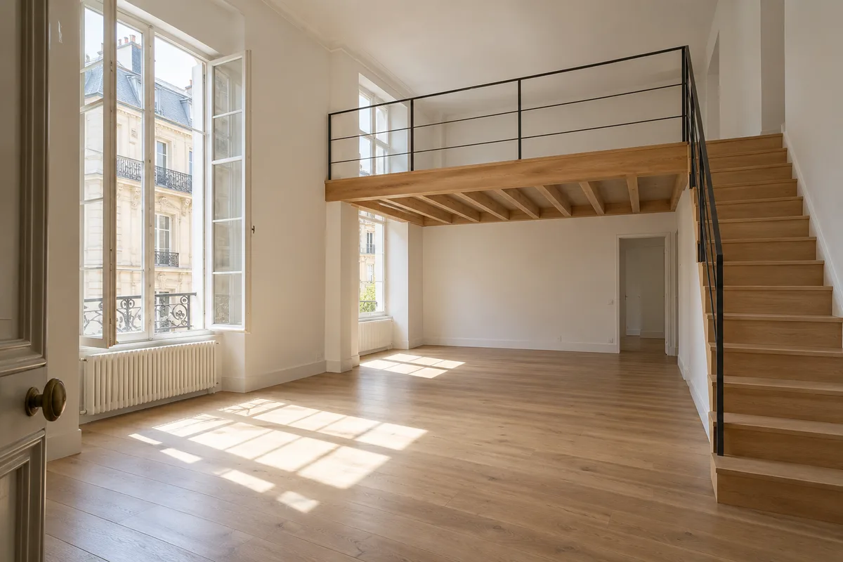 Duplex parisien vide avec une mezzanine en bois clair et son escalier de chêne