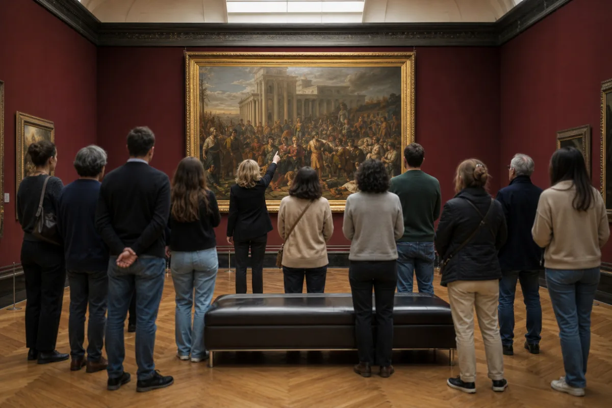 Groupe de visiteurs devant une œuvre du Louvre accompagnés par une guide