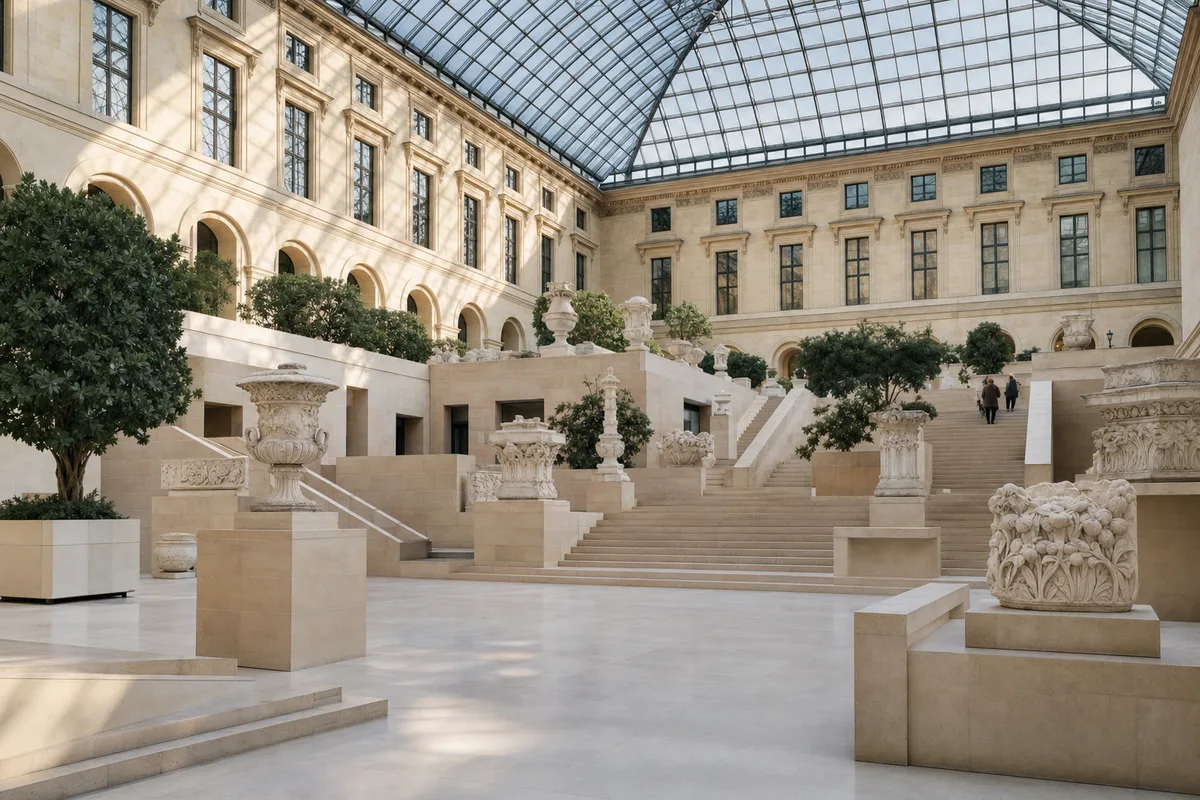 Cour intérieure du Louvre avec sculptures sous une verrière