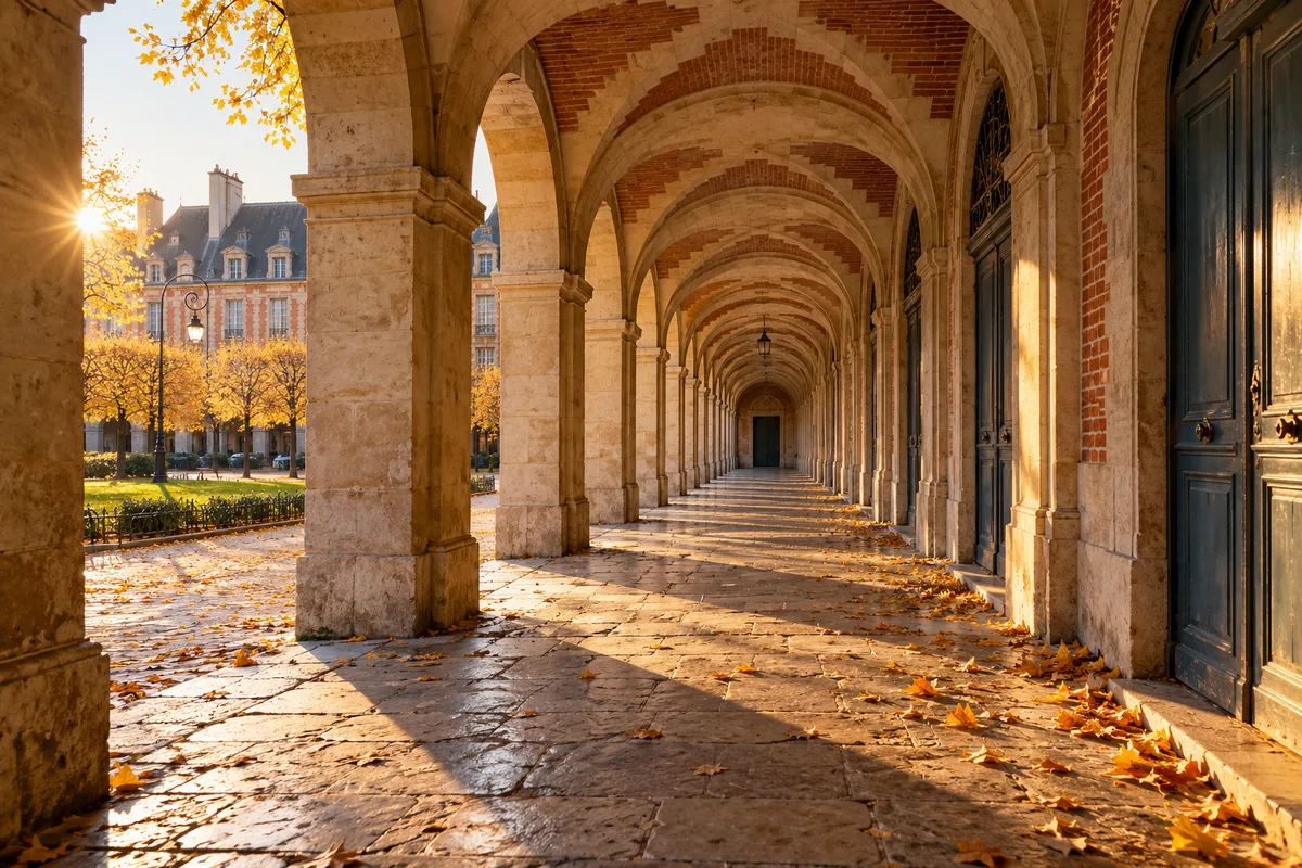 Galerie d&rsquo;arcades en brique et pierre sous les pavillons d&rsquo;une place royale du Marais, au petit matin