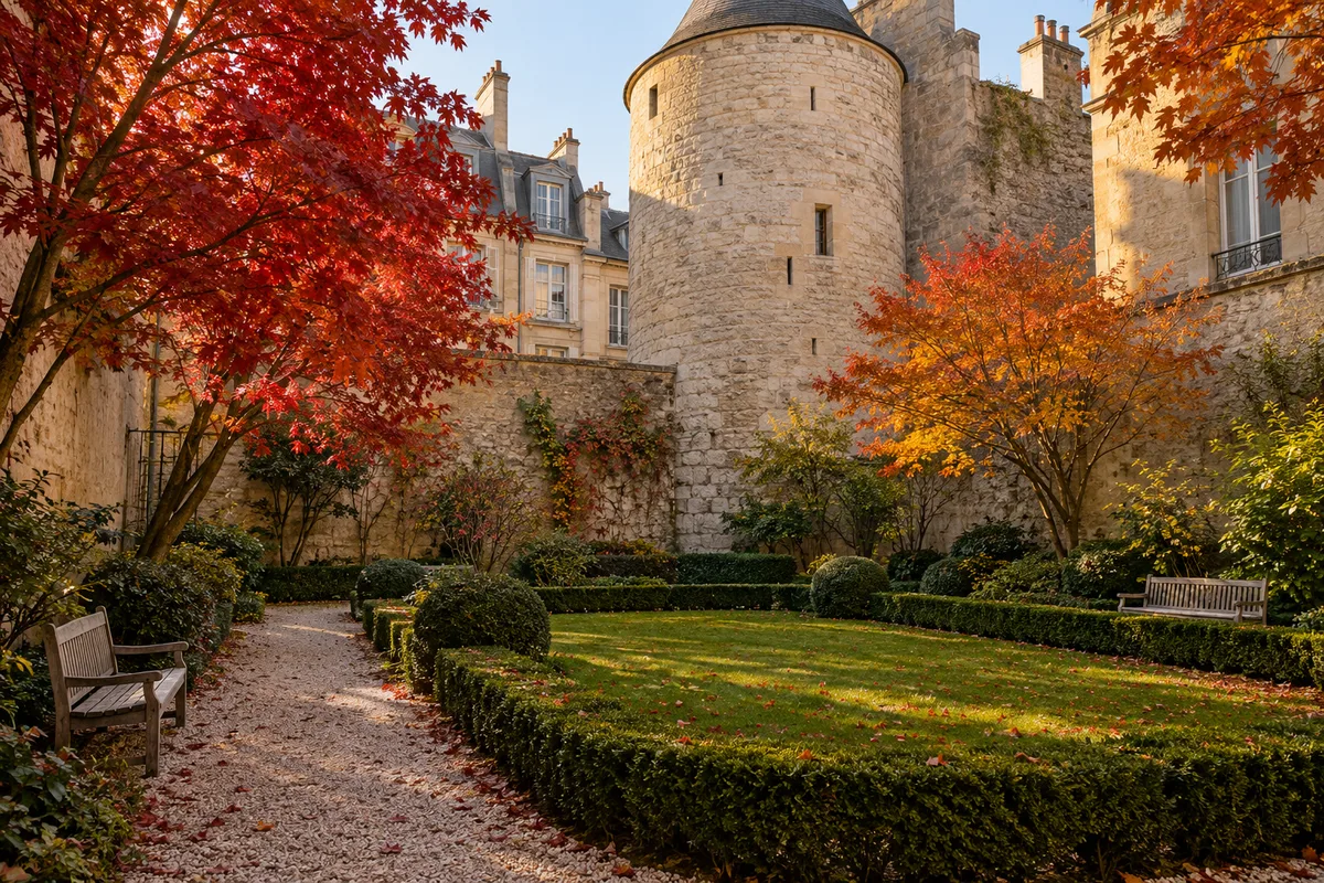 Jardin caché entre de hauts murs du Marais, au pied d&rsquo;une tour de l&rsquo;enceinte médiévale