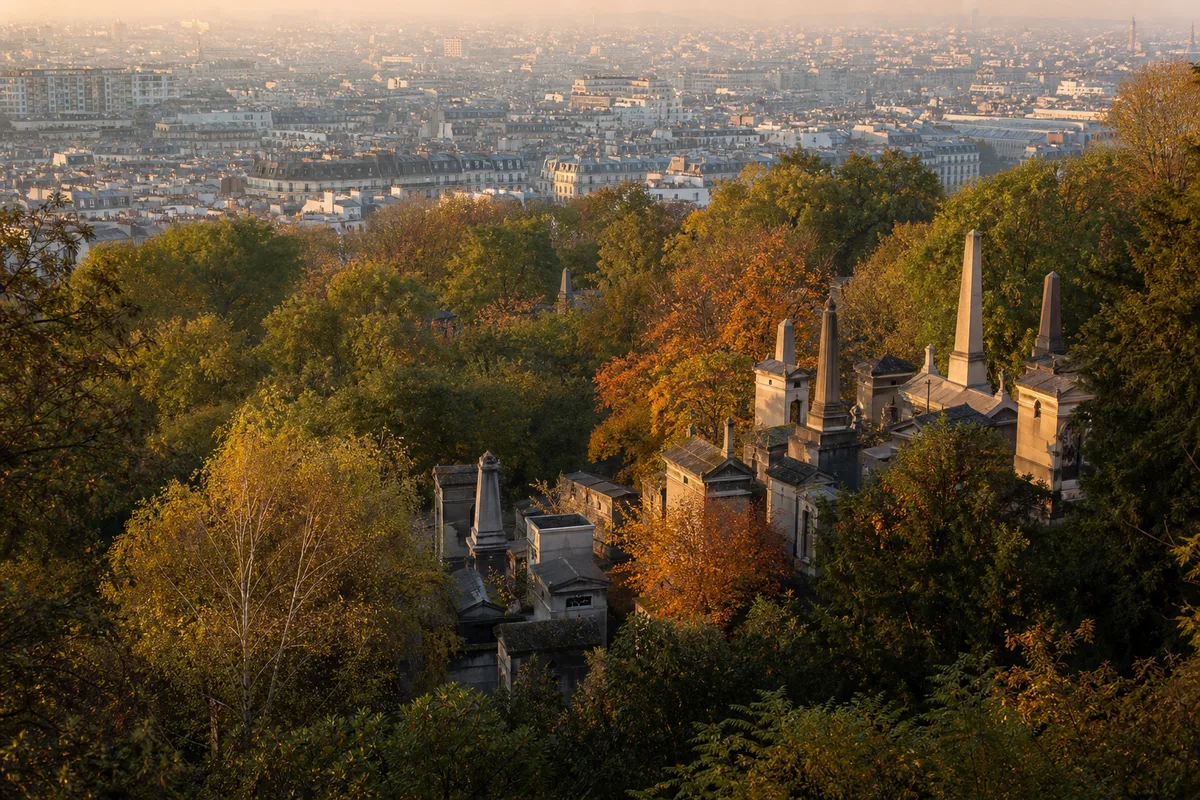 Vue en hauteur sur les toits de chapelles funéraires et les arbres du cimetière