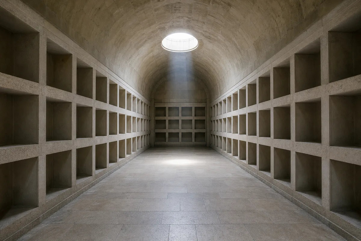 Galerie voûtée du columbarium avec ses alvéoles de pierre alignées