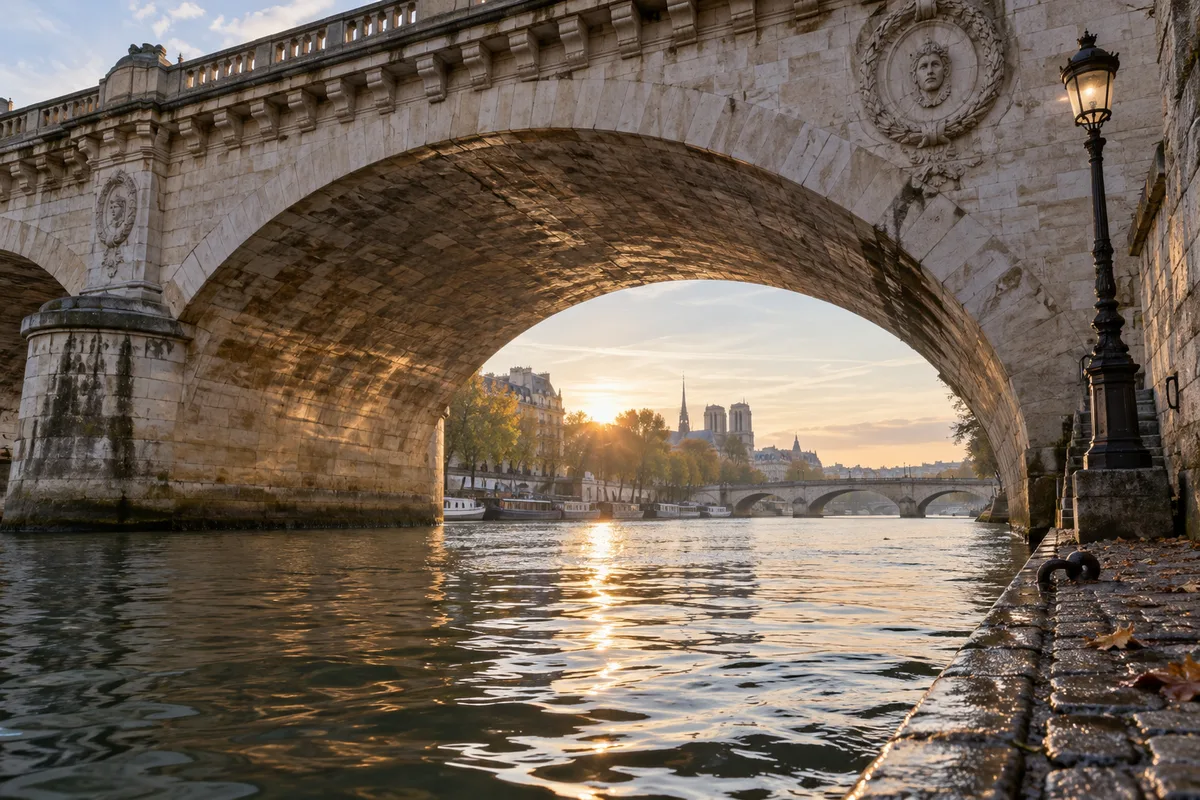 Vue en contre-plongée de l’arche d’un pont de pierre depuis l’eau avec des reflets sur la Seine