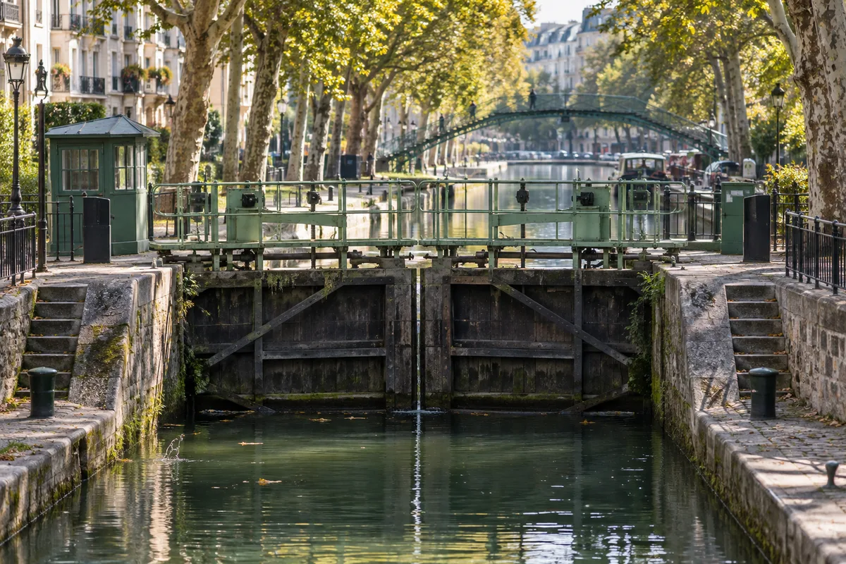 Écluse d’un canal urbain avec ses portes en bois et ses passerelles métalliques vertes