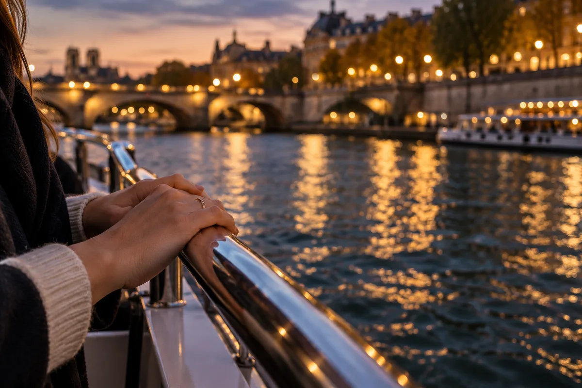 Mains tenant la rambarde d’un bateau au crépuscule avec les lumières floues des quais