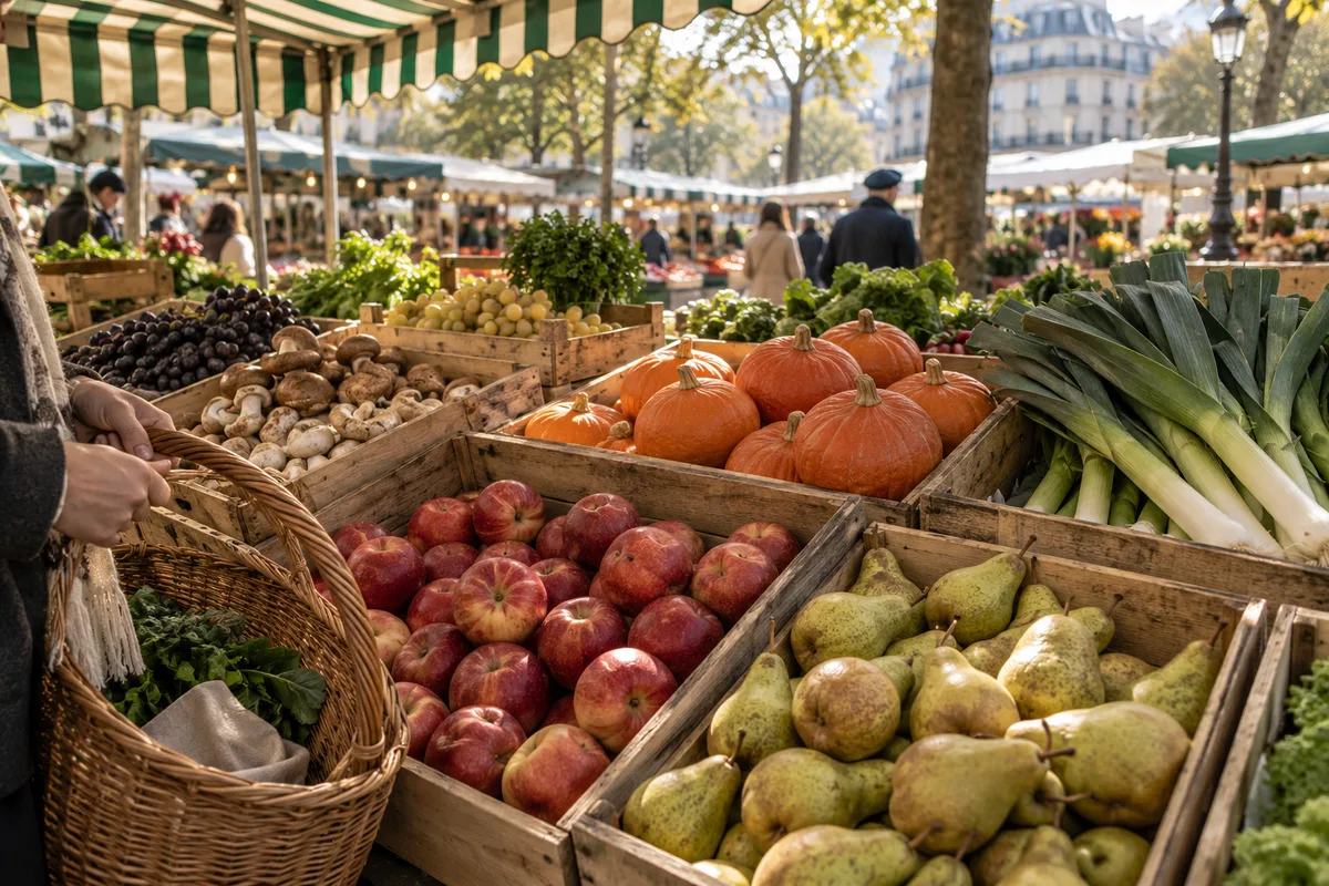 Étal de marché couvert de fruits et légumes de saison dans des cagettes en bois